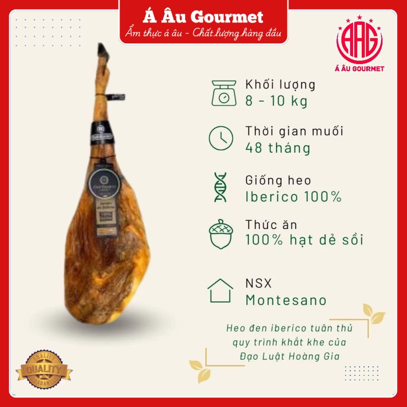 Đùi heo muối Iberico Bellota Montesano có xương thuần chủng 100% 48 tháng KG đùi sau