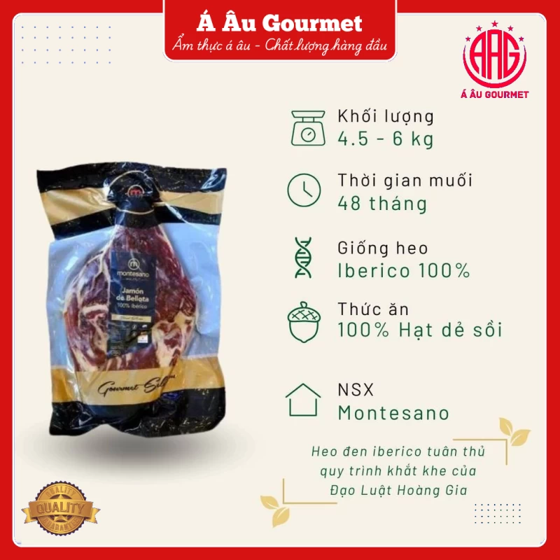Đùi heo muối Iberico Bellota Montesano không xương thuần chủng 100% 48 tháng KG đùi sau