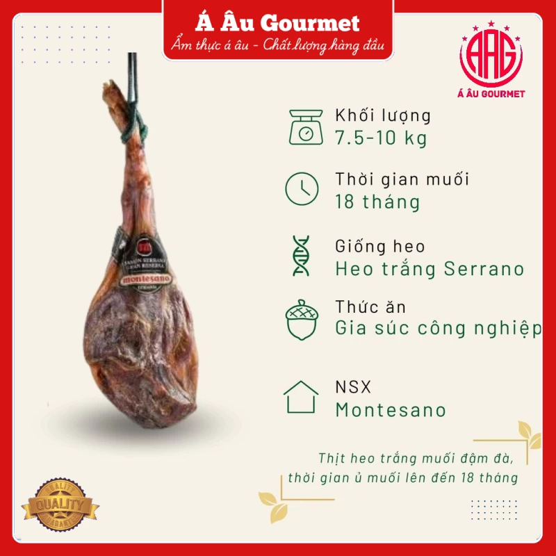 Đùi heo trắng muối Serrano Montesano có xương 18 tháng KG đùi sau